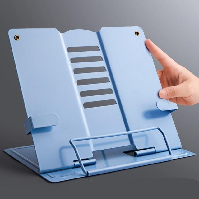 Blauwe metalen boekenstandaard